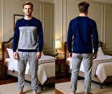 Erkek Pamuklu Lacivert - Gri Renk Pijama Takımı AL008