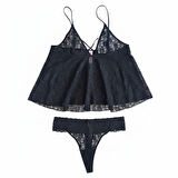 Kadın Çapraz Askı Detaylı Siyah Renk Tül String 2 li Set BB2054