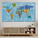 Harita Sepeti Dünya Haritası Türkçe Kanvas Tablo Ayrıntılı Dekoratif-Okyanuslu 2188