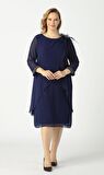 21958 Lacivert Pelerinli Tüylü İşlemeli Büyük Beden Şifon Kısa Abiye Elbise