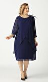21958 Lacivert Pelerinli Tüylü İşlemeli Büyük Beden Şifon Kısa Abiye Elbise