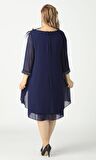 21958 Lacivert Pelerinli Tüylü İşlemeli Büyük Beden Şifon Kısa Abiye Elbise