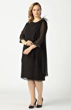 21958 Siyah Pelerinli Tüylü İşlemeli Büyük Beden Şifon Kısa Elbise