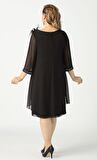 21958 Siyah Pelerinli Tüylü İşlemeli Büyük Beden Şifon Kısa Elbise