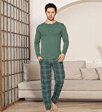 Erkek 3 Düğmeli Ekose Desenli Pamuk Likra Mevsimlik Modal Uzun Kol Manşetli Cepli Pijama Takımı