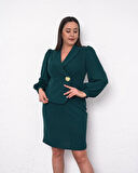 Büyük Beden Kruvaze Yaka Detaylı Uzun Kol Midi Boy Abiye Elbise