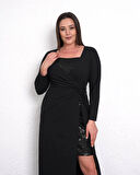 Büyük Beden Yaka Yırtmaç Pul Detaylı Uzun Kol Tam Boy Abiye Elbise