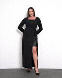 Büyük Beden Yaka Yırtmaç Pul Detaylı Uzun Kol Tam Boy Abiye Elbise