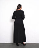 Büyük Beden Yaka Yırtmaç Pul Detaylı Uzun Kol Tam Boy Abiye Elbise