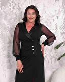 Büyük Beden Kruvaze Yaka Yırtmaçlı Kol Tüllü Düğmeli Tam Boy Abiye Elbise