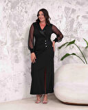 Büyük Beden Kruvaze Yaka Yırtmaçlı Kol Tüllü Düğmeli Tam Boy Abiye Elbise