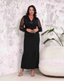 Büyük Beden Kruvaze Yaka Yırtmaçlı Kol Tüllü Düğmeli Tam Boy Abiye Elbise