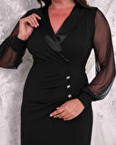 Büyük Beden Kruvaze Yaka Yırtmaçlı Kol Tüllü Düğmeli Tam Boy Abiye Elbise