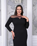 Büyük Beden Yaka Tül Detaylı Yırtmaçlı Uzun Kol Tam Boy Abiye Elbise