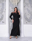 Büyük Beden Yaka Tül Detaylı Yırtmaçlı Uzun Kol Tam Boy Abiye Elbise