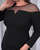 Büyük Beden Yaka Tül Detaylı Yırtmaçlı Uzun Kol Tam Boy Abiye Elbise