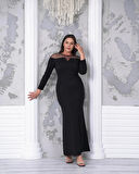 Büyük Beden Yaka Tül Detaylı Yırtmaçlı Uzun Kol Tam Boy Abiye Elbise