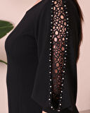 Büyük Beden Yuvarlak Yaka Kol Detaylı Midi Boy Abiye Elbise