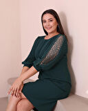 Büyük Beden Yuvarlak Yaka Kol Detaylı Midi Boy Abiye Elbise