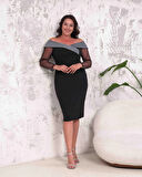 Büyük Beden Yaka Sim Detaylı Kol Tüllü Midi Boy Abiye Elbise