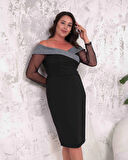 Büyük Beden Yaka Sim Detaylı Kol Tüllü Midi Boy Abiye Elbise