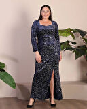 Büyük Beden Yaka Detayalı Yırtmaçlı Uzun Kol Pullu Kadife Kumaş Tam Boy Abiye Elbise