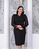 Büyük Beden Kruvaze Yaka Taş Detaylı Uzun Kol Tüllü Midi Boy Abiye Elbise