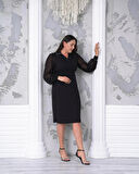 Büyük Beden Kruvaze Yaka Taş Detaylı Uzun Kol Tüllü Midi Boy Abiye Elbise