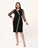 Büyük Beden Kruvaze Yaka Sim Detaylı Kol Tüllü Midi Boy Abiye Elbise