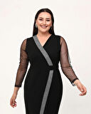 Büyük Beden Kruvaze Yaka Sim Detaylı Kol Tüllü Midi Boy Abiye Elbise