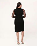 Büyük Beden Kruvaze Yaka Sim Detaylı Kol Tüllü Midi Boy Abiye Elbise