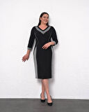 Büyük Beden V Yaka Kol Sim Detaylı Uzun Kol Midi Boy Abiye Elbise