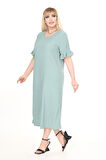 Yazlık Kısa Kol Esnek Büyük Beden Mint Elbise 21C-2666