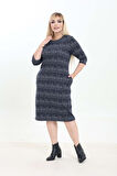 Çift Cepli Desenli Esnek Kışlık Büyük Beden Midi Elbise 21D-2756
