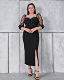 Büyük Beden Kol Ve Yaka Detaylı Yırtmaçlı İncili Abiye Elbise