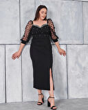 Büyük Beden Kol Ve Yaka Detaylı Yırtmaçlı İncili Abiye Elbise