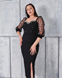 Büyük Beden Kol Ve Yaka Detaylı Yırtmaçlı İncili Abiye Elbise