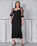 Büyük Beden Kol Ve Yaka Detaylı Yırtmaçlı İncili Abiye Elbise