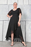 Büyük Beden Sırt Detaylı Tüllü Şifon Asimetrik Abiye Elbise