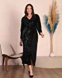 Büyük Beden Uzun Kollu Yırtmaçlı Pul Payet Detaylı Ön Yırtmaçlı Abiye Elbise