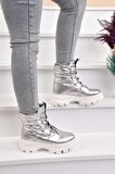 ModaOnn Kadın Gümüş Renk Bağcıklı Sneakers Bot