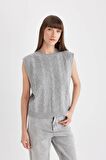 Regular Fit Bisiklet Yaka Basic Düz  Saç Örgü Desenli Triko Süveter