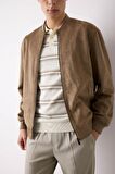Slim Fit Süet Bomber Mont Ceket Dar Kesim Kolej Yaka Fermuarlı Çift Cepli Mevsimlik Hafif 