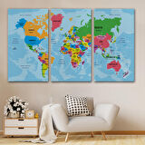 Harita Sepeti Türkçe Dünya Haritası Ülke Başkentli ve Okyanuslu Dekoratif Kanvas Tablo 2200