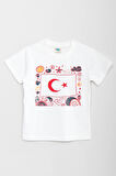 %100 Pamuklu Kısa Kollu Türk Bayrağı Baskılı Kız ve Erkek Unisex Çocuk Tshirt Beyaz