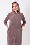 Kapüşonlu Fermuarlı Cepli Taşlı Truvakar Kollu Pamuklu Havlu Elbise
