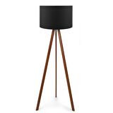 Pratik Ahşap Üç Ayaklı Tripod Lambader Siyah Kumaş Başlık Salon Oturma Odası Köşe Lambası