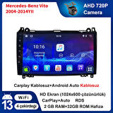 Mercedes-Benz Vito 2004-2014 Yıl 2GB Ram 32GB Hafıza 9 İnç Android 14 Cihaz Kablosuz Carplay Kablosuz Android Auto Multimedya Navigasyon Double Teyp Araç Monitor Ekran