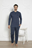 Erkek Ekose Desenli Likralı Pamuk Uzun Kol Kışlık İnterlok Göğüs Cepli Pijama Takımı 