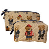 Uretti - Petek 7523  El Yapımı Teddy Bear Temalı 2'li Bakım / Portföy Çantası Seti